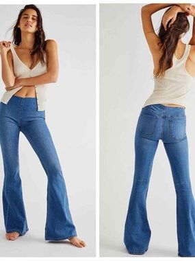 Free People Pull On Flare Jeans Size 28 Stretch High Rise Bell Bottom Boho Y2K